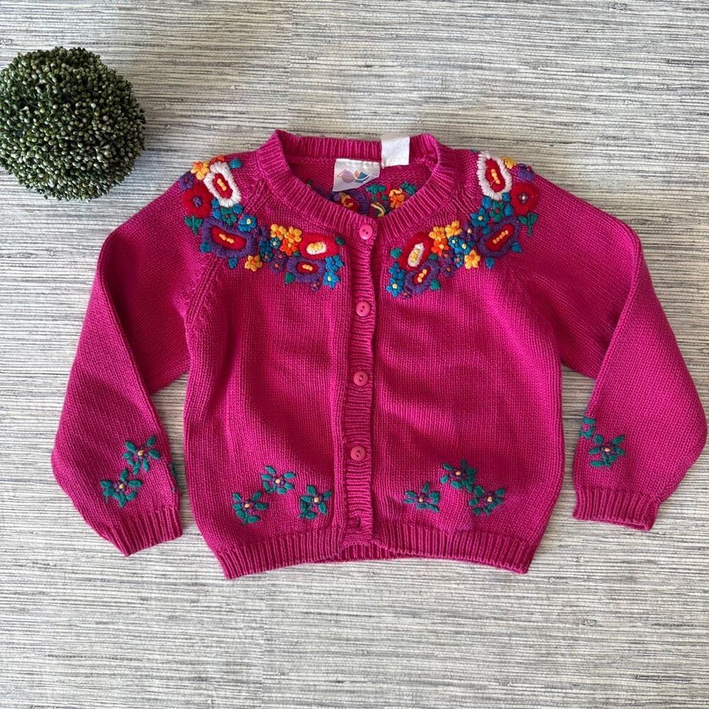 Vintage Kids & More Pink Floral Embroidered Cardigan Sweater Girl's 4T